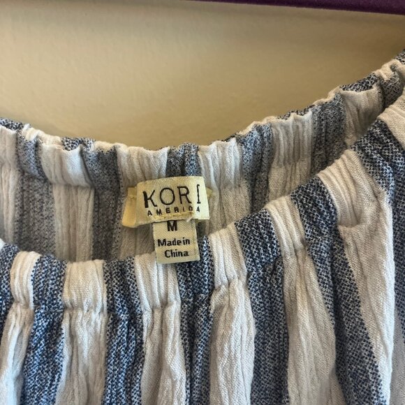 Dusty Blue and White Tassel Trim Stripe Top (Sz M) - Picture 3 of 4